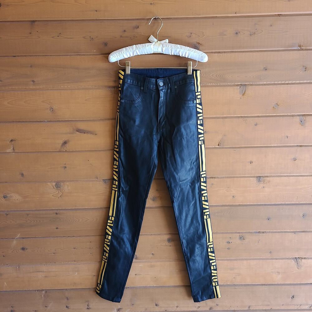 LF Skinny Jean Coated Wax Black Stretch Side Stripe Logo 27 Grunge Punk Denim - Picture 2 of 6